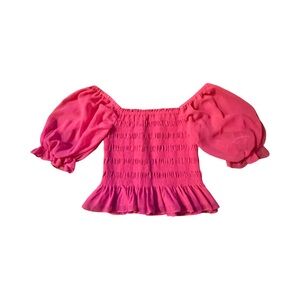 WAYF Pink Smocked Square Neck Puff Sleeve Peplum Top Shirt Womens S